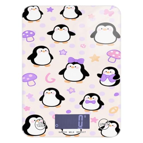 Báscula pequeña impermeable para alimentos, 11 libras/5 g, 5 kg/5 g, diseño de pingüino blanco de dibujos animados para niños, báscula de peso pequeño, gramos, con 4 unidades para dieta, especias y