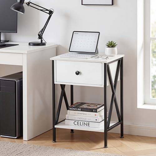 Image of VECELO Nightstands, Modern Bedside End Tables Set of 2, Night Stand with Drawer and Storage Shelf for Living Room Bedroom, Industrial Metal Frame