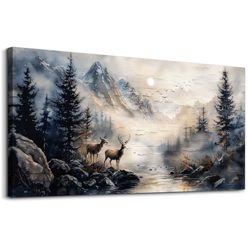 ERQINHUA Canvas Wall Art For Bedroom Large Wall Decor For Living Room Modern Office Decorations Abstract Ink Painting Elk Forest landscape Wall Pictures Artworks Ready To Hang Home Decor 20"X40"