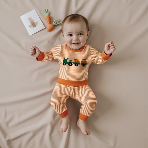 Toddler Baby Boy Halloween Outfit Pumpkin Ghost Embroidery Striped Sweatshirt Long Pants Set Fall Winter Clothes3