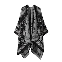 Asudaro Women's Winter Poncho Scarf, auspicious Clouds Cashew Flower Style, Knitted Poncho Stole Wrap, Poncho Cardigan with Open Front for Women Girls Festive Gifts, Type 2 (Black Grey), Black Grey,