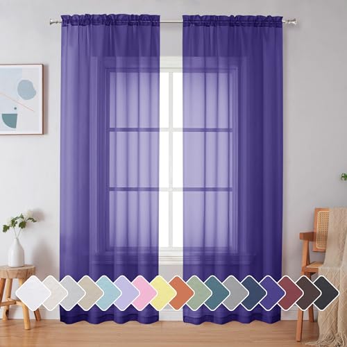 Simplebrand Purple Sheer Curtains 84 Inches Long, Light Filtering Rod Pocket Solid Color Window Sheer Curtain Panels, Elegant Curtains & Drapes for Living Room, Bedroom 2 Panels (Purple, 42