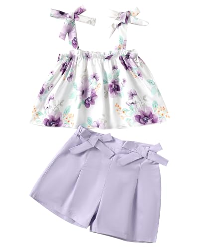 Image of Kucnuzki Toddler Baby Girl Clothes Summer Outfits Ruffle Sleeveless Linen Shirt Kid Short Set for Girl