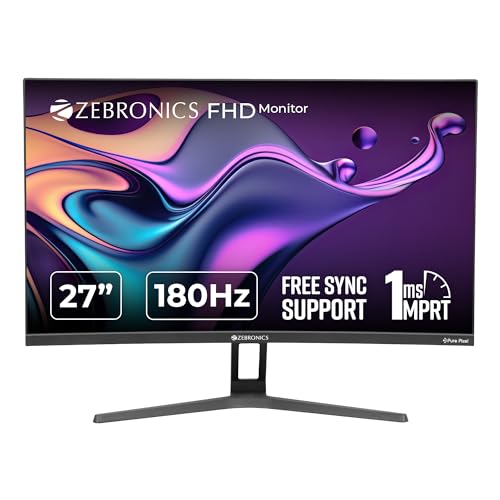 Image of Zebronics 27 inch Curved (1500R) 180Hz Gaming Monitor with FHD 1080p, Free sync support, HDMI, DP, 300 Nits max, 16.7M colors, Built-in speakers and Bezel less design ZEB-S27B