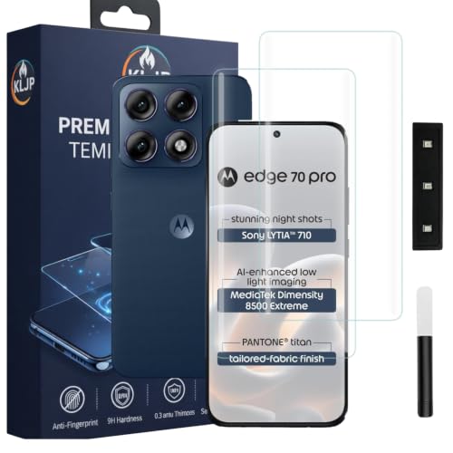 Image of KLJP Advanced HD+ UV Tempered Glass Screen Protector For Motorola edge 70 pro (Pack of 2) Full Adhesive UV Curved Screen Protector Case Friendly HD Clarity with installation kit