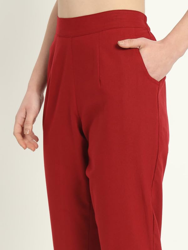 Image of Women's Solid Straight Fit 100% Cotton Trousers | High Waist, Side Pockets, Ankle Length Pants for Office, Casual