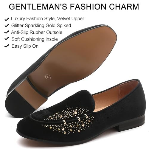 Men's Luxury Velvet Penny Loafers with Fashion Spiked, Casual Penny Loafers for Men, Noble Slip-on Dress Loafers Glitter Suede Smoking Slippers (Black)2