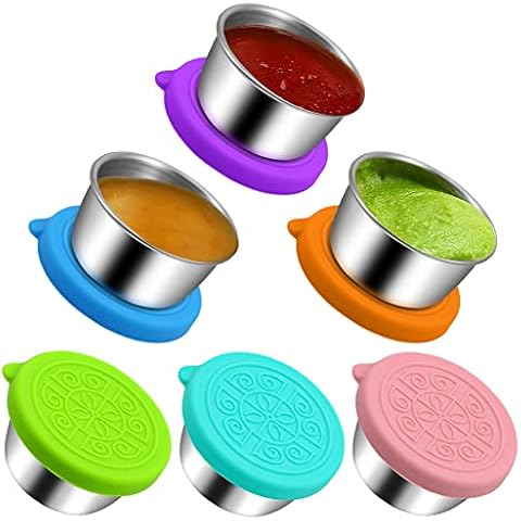 Hydream 6 Pack Salad Dressing Containers To Go,1.6 oz Small Condiment Containers with Lids, Stainless Steel Condiment Cup Dipping Sauce Cups Container for Lunch Bento Box Leakproof Silicone Lids Cover