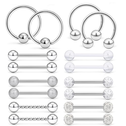 Ftovosyo 16Pcs Nipple Piercing Jewelry 14G Surgical Steel Nipple Rings Hoop Rings Retainer Piercing Jewelry for Women Men 14MM (9/16 Inch)