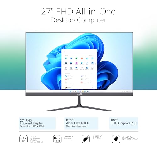 Image of Supersonic SC-5527AIO 27 inch Windows All-in-1 Desktop Computer, N100 Quad-Core, 16GB RAM, 512GB SSD, Windows 11, UHD 750, Office 365, Wi-Fi, BT 5.1, HDMI, Speakers, USB, Keyboard & Mouse Included