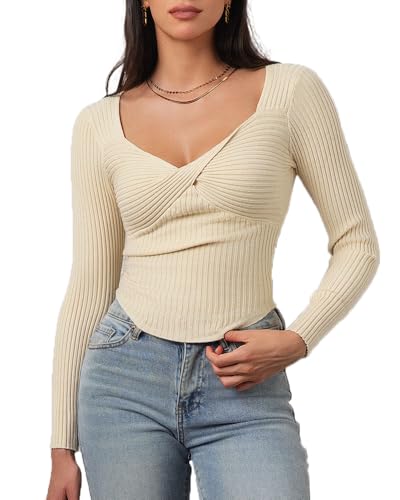 CHYRII Womens Sexy Fall Fashion Twisted Tops Ribbed Knit Winter Pullover Sweater Going Out Crop Tops