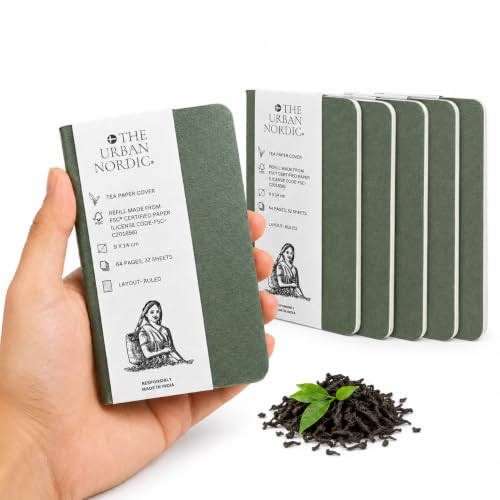 Image of 5 Pack Tea Paper Cover Pocket Notebook Forest Green | A6 Mini Notepad Journal 9 x 14 cm | 64 Ruled Pages | FSC Certified Paper | Diary Set for Office, College, Travel & Return Gifts