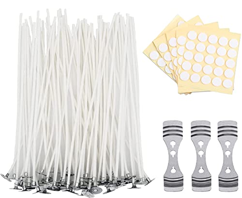 キャンドル芯 100本セット 20cm ろうそく芯 綿100%のキャンドル材料 キャンドルホルダー 芯固定ホルダー 5個 DIY手作り 座金付き 丸形両面テープ付き ジェルキャンドル向け