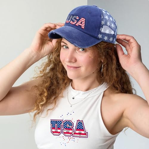 Image of USA American Flag Hat for Men Women Patriotic Fourth of July Baseball Cap Adjustable Navy Blue