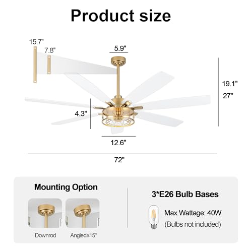 Image of 72 inch White and Gold Ceiling Fan with Lights Fandelier Ceiling Fan | Modern Caged Chandelier, Farmhouse Fandeliers with Lights and Remote for Living Room Indoor, Reversible DC Motor 6 Speeds