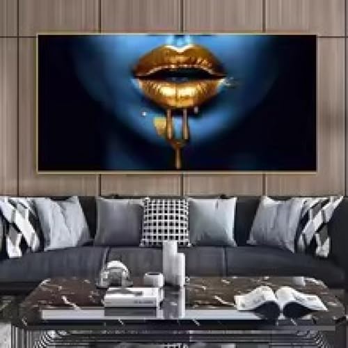 Impression sur toile lèvres bleues et dorées 40x80cm pour décoration murale