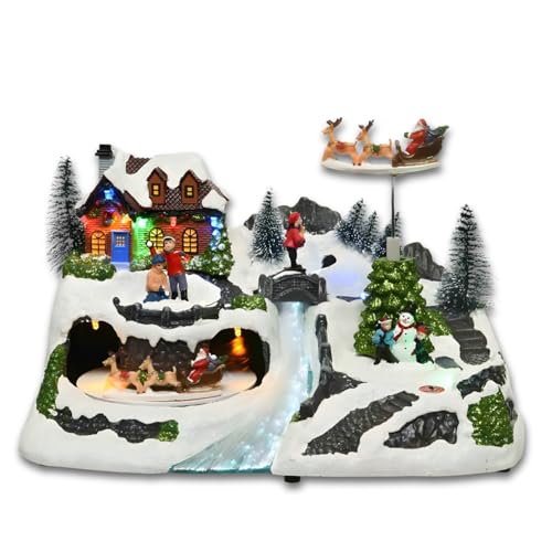 PALUPLUS Villaggio di Natale con Babbo Natale sulla Slitta, Misura 31x20x18,5 cm, Giostrina da Tavola con Luci, Musica e Movimento, con casa innevata e Renne, Decorazioni Natalizie -869C -1,38