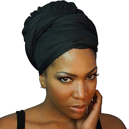 Stretch Head Wraps for Women | Extra Long Jersey Knit Turbans| Soft Cotton African Head wrap Scarf | BLACK HEAD WRAP