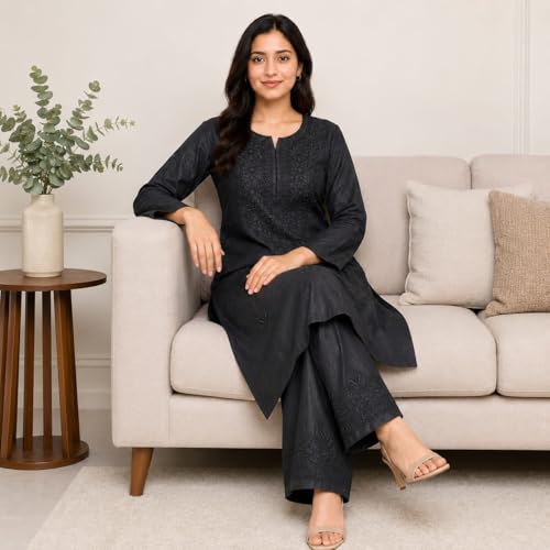 Image of Women's Chikankari Embroidered Straight Kurta with Palazzo Set, Traditional Kurti Bottom Set |Round Neck Full Sleeve Outfit for Daily,Office, Festive & Casual