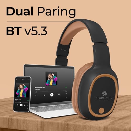 Image of ZEBRONICS Thunder Over Ear Bluetooth 5.3 Wireless Headphones with 60H Backup, Gaming Mode, Dual Pairing, Enc, Aux, Micro Sd, Voice Assistant, Comfortable Earcups, Call Function (Brown)