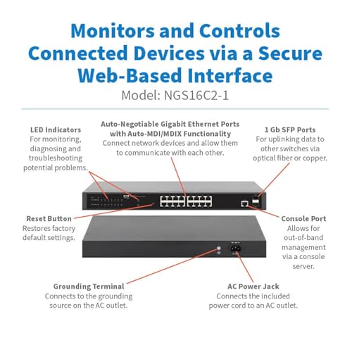 Image of Eaton Tripp Lite Series 16‑Port Gigabit Managed Switch with 2 SFP Ports, Easy Smart Web‑Managed Layer 2 Network Ethernet Splitter, 1 Gbps, 1U Rack Mount or Desktop, 3‑Year Warranty (NGS16C2-1)