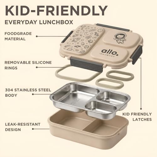 Image of Allo Bento Stainless Steel Lunch Box for Kids- BIS Approved, 304 Stainless Steel 3 Compartment Leakproof Tiffin Box for Boys and Girls for School, Travelling, Baby Snacks, 740ml Beige Space