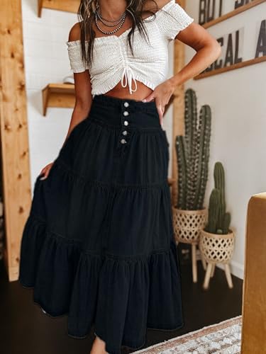 Women Y2k Denim Skirt Casual Solid Color Ruffled Hem High Waist A-Line Jeans Skirt for Club Streetwear2