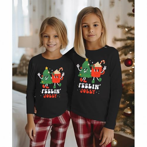 Image of Kids Christmas Shirts Girls Boys Feelin Jolly Long Sleeve T-Shirts Xmas Tree Hot Cocoa Graphic Tee Holiday Fall Tops