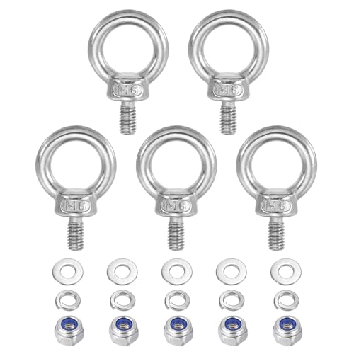 PATIKIL M6 x 11mm Lifting Shoulder Eye Bolt, 5Pcs 304 Stainless Steel Lifting Ring Threaded Eyebolt with Nuts Washers for Hanging Hammocks Articles