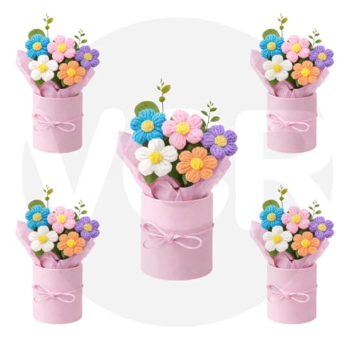 Image of VCR Handmade Mix Crochet Bouquet- Pack of 5 - Hand Woven Knitted Artificial Hand Knitted Bouquet Flower for Office Desk, Table, Car, Bedroom, Wedding & Special Occasions