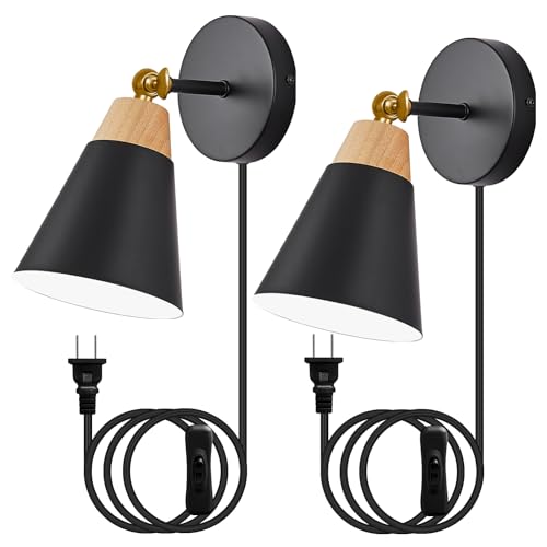 Image of Wall Sconce Set of 2, Wall Sconce with Metal Shade, Plug Switch, Indoor Decor Wall Mount Swing Arm Lamp for Bedroom,Hallway,Living Room,Reading, Black