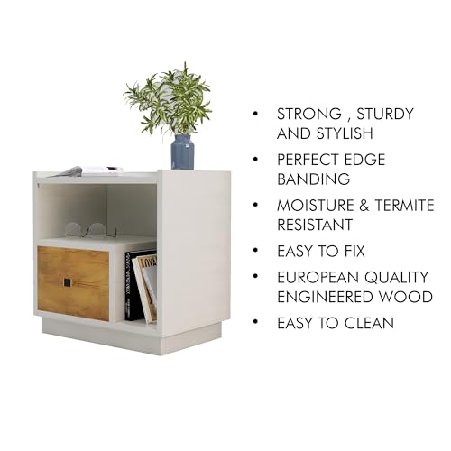 Image of Bniture Bed Side Table for Bedroom 1-Drawer, Bookcase Nightstand Side End Table for Bedside Table, Small Side Table, Side Table for Bedroom, with Metal Legs (Frosty White & Giant Wood)