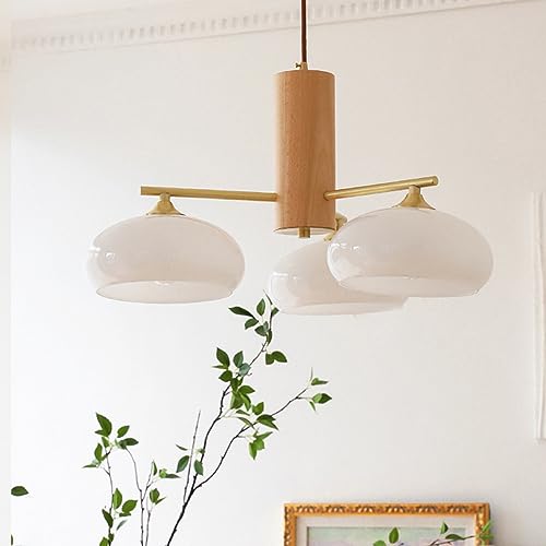 KXEcoLife Lámpara de araña Moderna de Mediados de Siglo, lámpara Colgante de Techo de Madera y Cristal opalino, lámpara Colgante rústica Vintage, lámparas de araña Redondas Grandes para Come