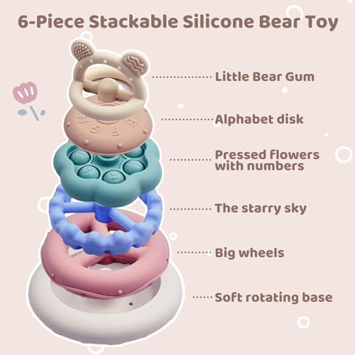 Image of Baby Silicone Stacking Toys,Soft Teething Bear Learning Toy for 6M+,Pink | Sensory Toys for Highchair,Bear Teether & Stacker Rings Toy,Baby Table Toys,Food Grade Silicon Toy,Baby Shower Gifts