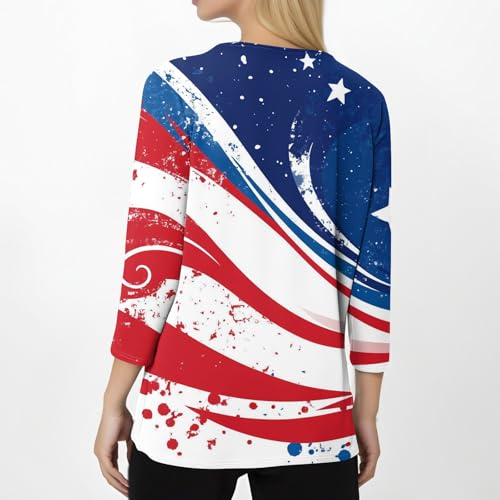 Image of 4th of July Shirts Women 3 /4 Length Sleeve Womens Tops Henley Neck Casual Patriotic T Shirts