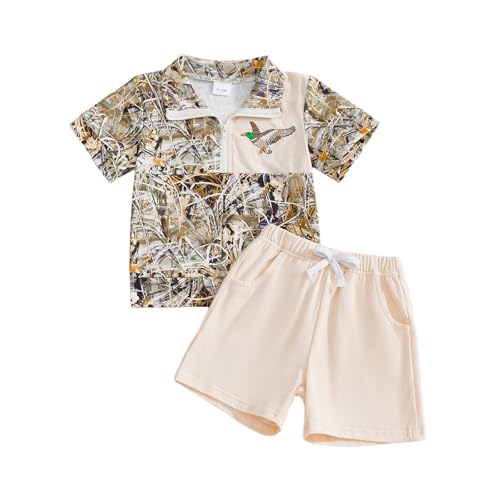 Youweixiong Toddler Baby Boy Hunting Outfit Mallard Duck Jungle Camouflage Short Sleeve Zipper Polo Shirts Tops Shorts Set Summer Clothes (Army Green 0-6 Months)