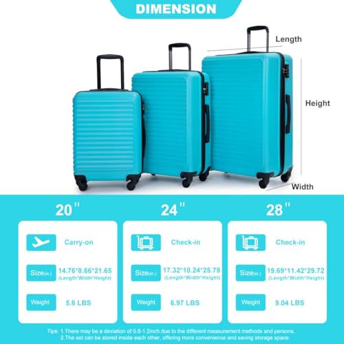 3 Piece Luggage Sets ABS Lightweight Suitcase with Two Hooks, Spinner Wheels, TSA Lock, (20/24/28) (Turquoise)3