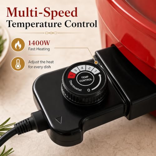 Image of AORAN 6QT Multi-Function Electric Hot Pot Cooker, 1400W Family Hot Pot for Frying, Boiling, Slow Cooking & Stewing, Nonstick Cooking Pot with Temperature Control, Ladle, Skimmer & Spatula