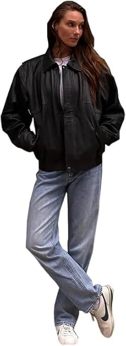 Women’s Fashion 90'S Ultra Vintage Oversized Classic Style Genuine Leather Bomber Jacket