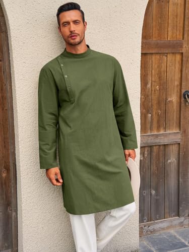 Image of Runcati Mens Kaftan Thobe Robe Long Sleeve Cotton Henley Shirt Casual Muslim Gown Salwar Kurta
