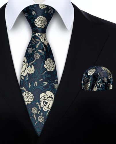 Image of HISDERN Men Floral Ties Woven Classic 3.4 inch Necktie Set Formal Tie Pocket Square for Wedding with Handkerchief Gift Box