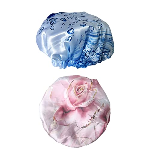 Duschhaube Damen 2 Stück Wasserdicht Badekappe Elastische Satin Doppelschicht Duschkappen Haarhaube für Badezimmer, Badekurort, Hauptgebrauch(Rosen-Muster, Blau und Rosa) Cover