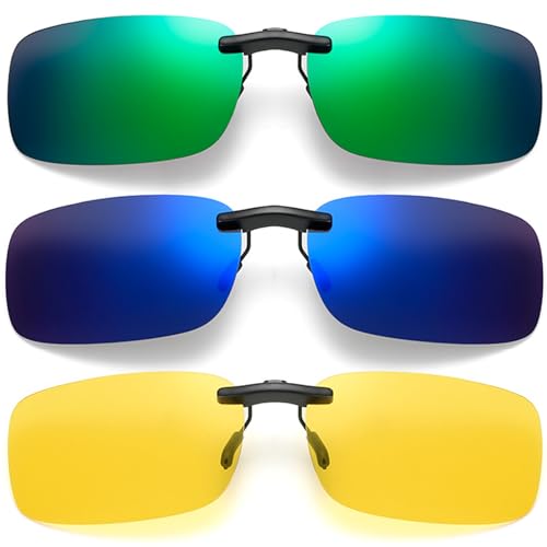Benaton 3 Stück Sonnenbrillen Clip für Brille, Polarisiert Clip Auf Sonnenbrillen, Sonnenbrillen Aufsatz Brille, Clip On Sonnenbrille, Polarisationsbrille Clip Herren Dame(Gelb+Blau+Grün)
