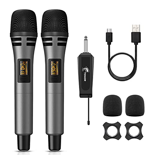 TONOR TW320 Wireless Microphones, 2x UHF Cordless Handheld Dynamic Mics with 6.35mm Rechargeable Receiver, 200ft. Range, 5 Adjustable Channels for Karaoke, Singing, DJ, Party, Speech, Grey