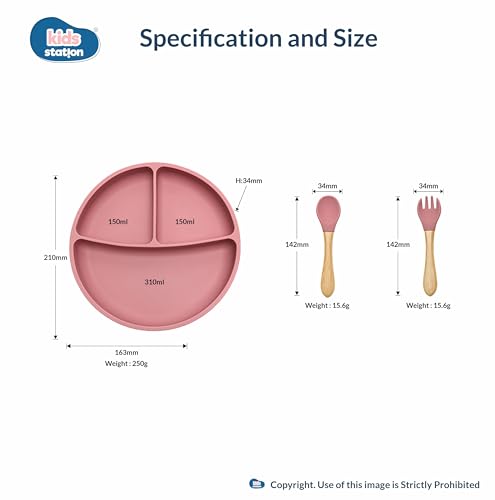 Image of Kids Station 3 Piece BPA-Free Silicone Baby Feeding Set - Baby Plate - Spoon and Bowl - Make Mealtime Fun - Microwave Safe - Unbreakable Eco-Friendly - Organic & Natural (Plate (Set of 3), Pink)