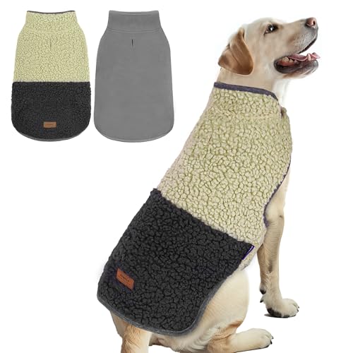 Image of cyeollo Sherpa Dog Coat Reversible Dog Jackets for Large Dogs, Khaki, 3XL | Warm Fleece Winter Sweater, Turtleneck Pet Vest, Adjustable Fit, Easy On & Off, Leash Hole for Cold Weather Outdoor Walks