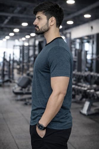 Image of Men's Solid Gym T-Shirt | Slim Fit Gym & Training Tee | Breathable Stretch Fabric | Round Neck Sports Wear for Workout