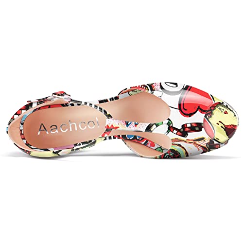 Aachcol Women Platform T-strap Chunky Block High Heel Sandals Round Peep Open Toe Ankle Strap Two-Piece Dress Shoes Pumps Party Wedding Patent 5 Inch4