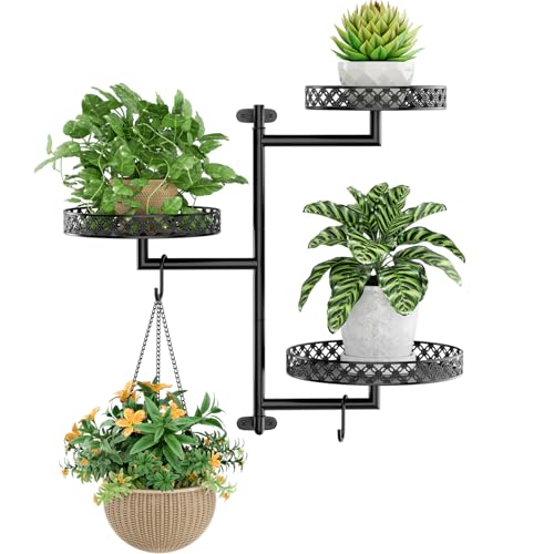 OVICAR Rotating Window Plant Shelves - Indoor Wall Plant Stand 3-Tier Floral Metal Window Shelf Holder for Multiple Plants with Hanging Hooks Home Decor Black