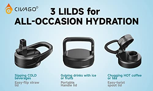 Civago 32 Oz Insulated Water Bottle With Straw, Stainless Steel Sports Water Cup Flask With 3 Lids (Straw, Spout And Handle Lid), Wide Mouth Travel Thermo Mug, Orange #TOP1